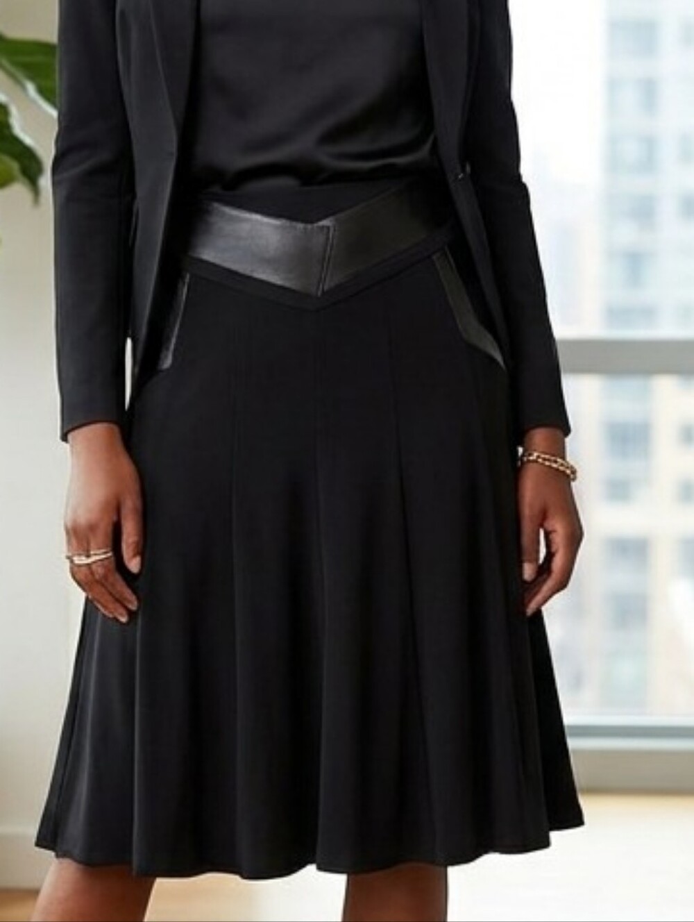 Joseph Ribkoff Black Faux Leather Trim A-Line Skirt - Size 12